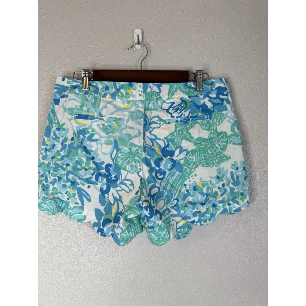 Lilly Pulitzer Buttercup Scalloped Hem Shorts Sz 10 Blue Green Coastal Vacation - Picture 4 of 13